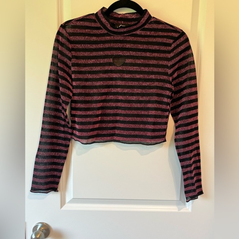 Valfre Striped Semi Sheer Heart Cutout Crop Top Long Sleeve Shirt Medium